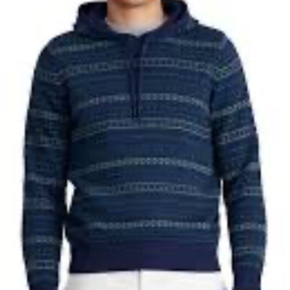 IZOD Fair Isle Hooded Sweater Hoodie Mens Medium Cotton Blue Green Winter NEW